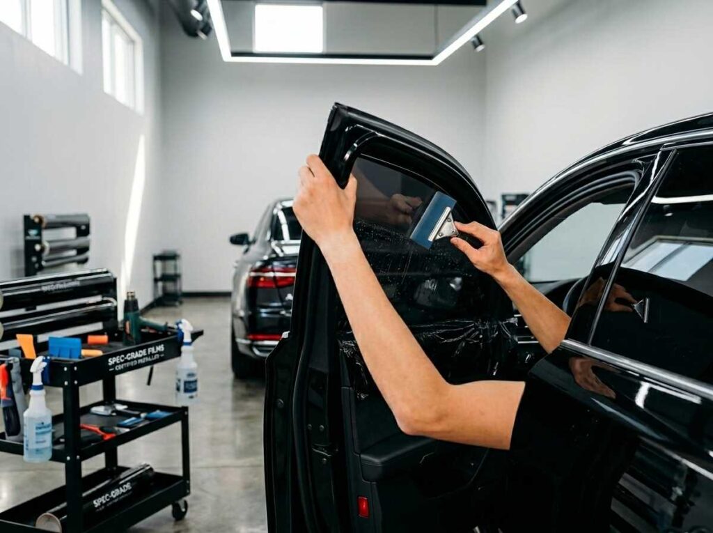 Pengujian performa material kaca film mobil terbaik menggunakan alat ukur digital sebelum proses instalasi resmi.
