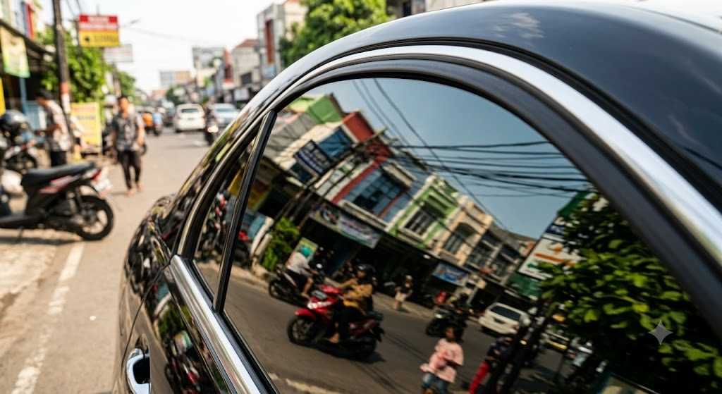 Eksterior mobil mewah dengan lapisan kaca film mobil one way yang memberikan efek pantulan cermin maksimal.