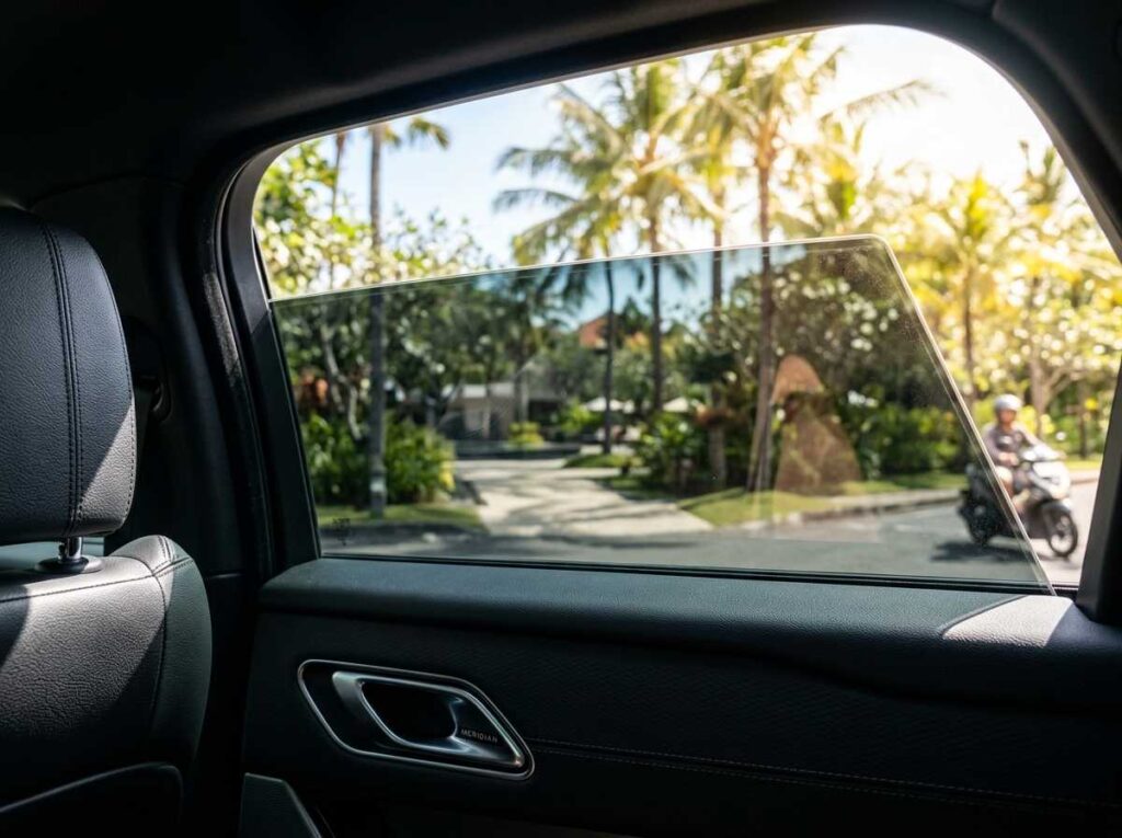 Lapisan kaca film mobil anti uv berkualitas tinggi terpasang rapi untuk meredam radiasi matahari di Bali.
