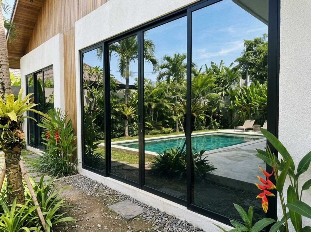 Pengaplikasian kaca film villa bali untuk privasi tamu pada pintu kaca sliding dekat kolam renang.