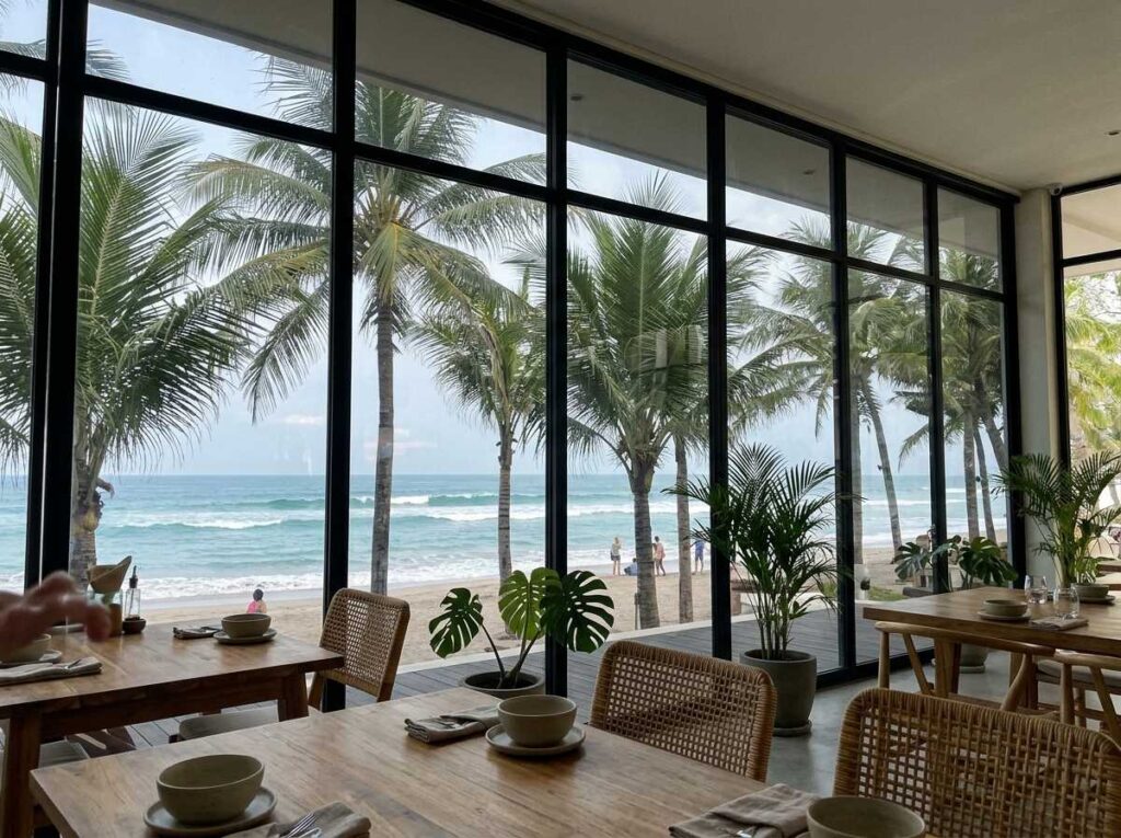 Pengaplikasian kaca film gedung untuk restoran di Bali untuk meredam panas dan silau matahari.